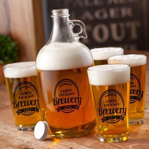 Personalized Growler Gift Set with 4 Pint Glasses - 64oz. - Brewery - JDS
