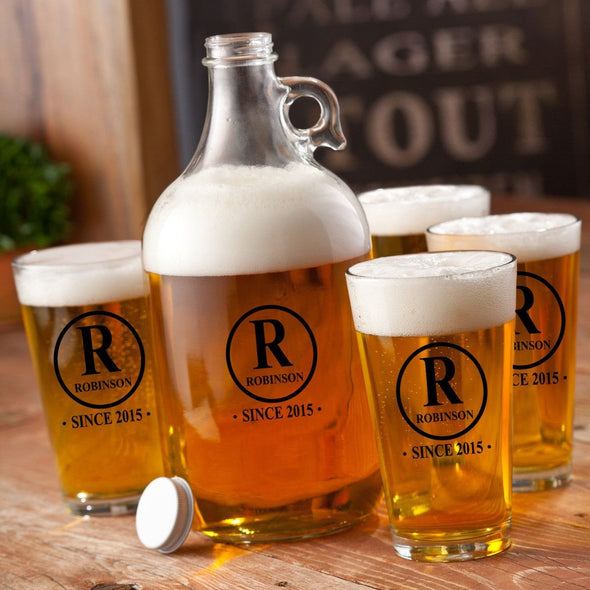 Personalized Growler Gift Set with 4 Pint Glasses - 64oz. - Initial - JDS