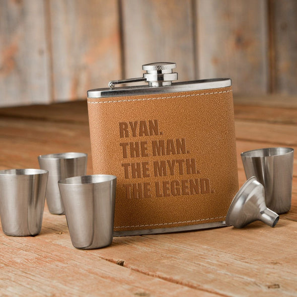 The Man. The Myth. The Legend. Tan Hide Stitched Flask and Shot Glass Set -  - JDS