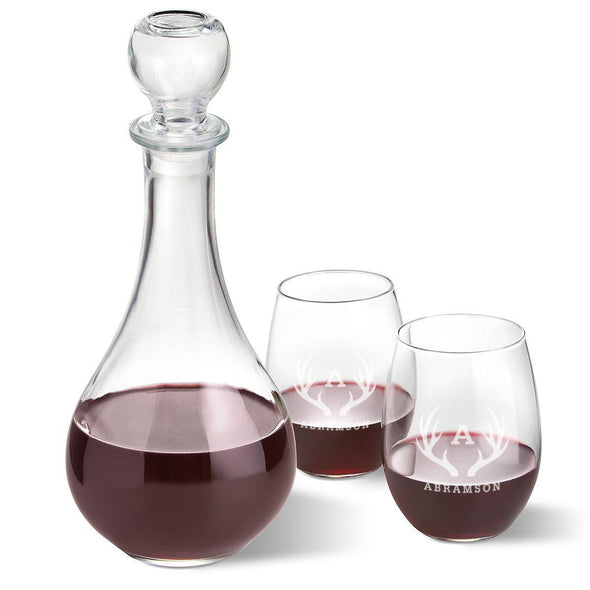 Personalized Wine Decanter with stopper and 2 Stemless Wine Glass Set - Antlers - JDS
