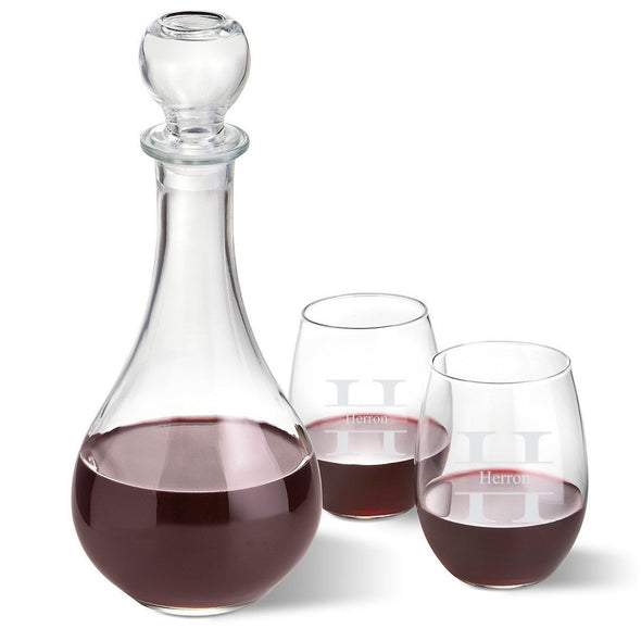 Personalized Wine Decanter with stopper and 2 Stemless Wine Glass Set - Stamped - JDS