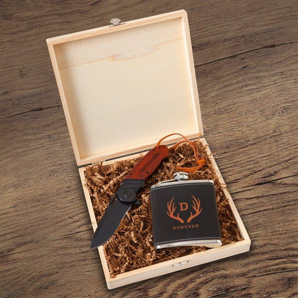 Personalized Stirling Groomsmen Flask Gift Box - Antler - JDS