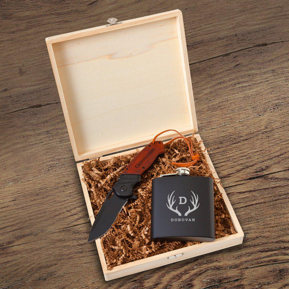 Personalized Larkhall Groomsmen Flask Gift Box - Antler - JDS
