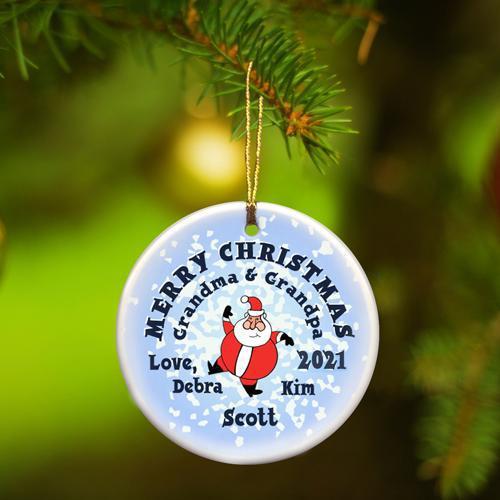 Personalized Merry Christmas Ceramic Ornament - SantaRoundSnow - JDS