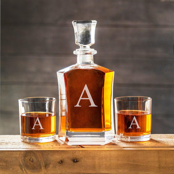 Personalized Decanter Set with 2 Whiskey Glasses - Single Initial - JDS
